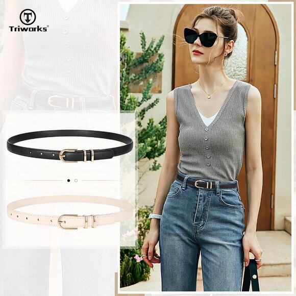 2 Pack Women's Skinny Leather Belts Black Beige Gold Thin Faux with Gold Buckle - Picture 3 of 7